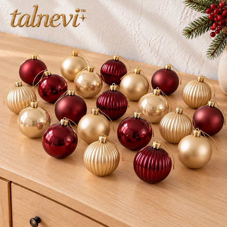talnevi™ Christmas Ball Ornaments, 24 Count, 2.4 Inch Plastic Baubles, Matte, Glossy & Ribbed Holiday Tree Decorations