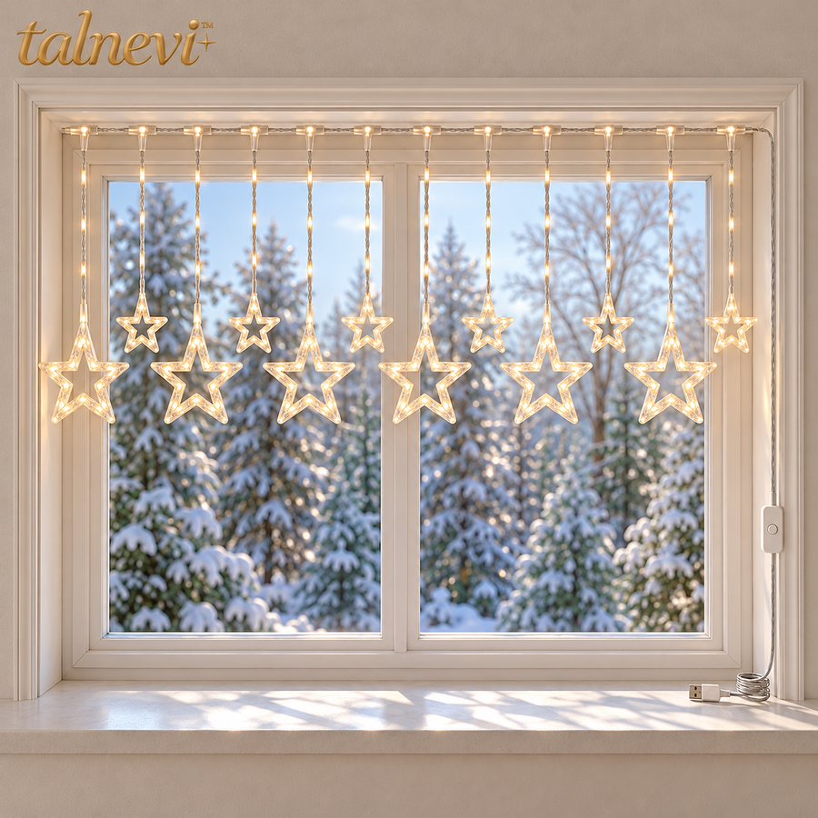 talnevi™ Star Curtain Christmas Lights, 6.6 ft Wide, 12 Hanging Stars, USB Powered LED Indoor Window Backdrop