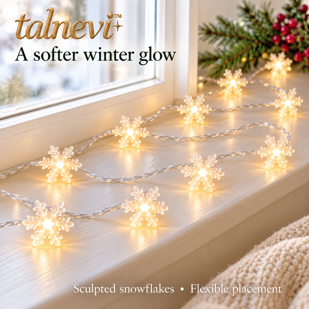 talnevi™ Snowflake LED Christmas String Lights, 16.4 ft, 40 Lights, Battery Operated Indoor Window & Mantel Decor
