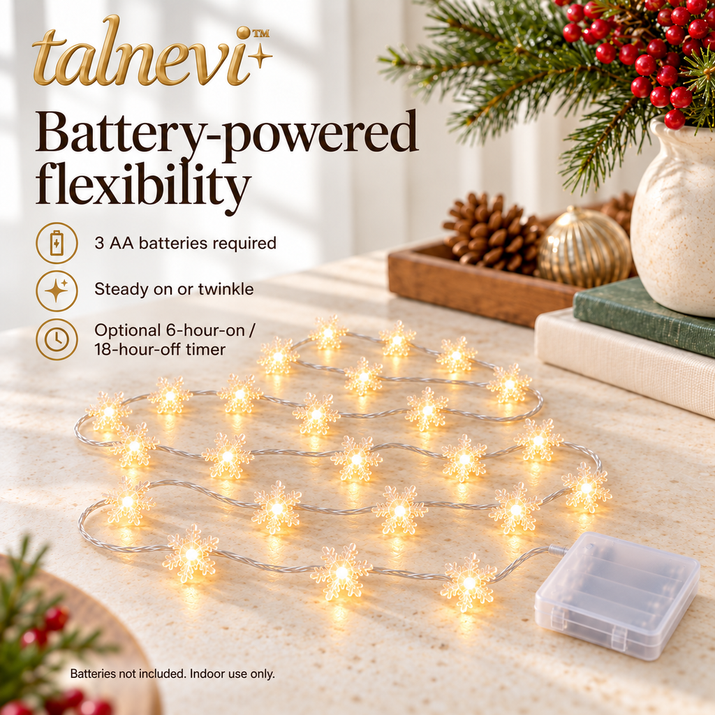 talnevi™ Snowflake LED Christmas String Lights, 16.4 ft, 40 Lights, Battery Operated Indoor Window & Mantel Decor