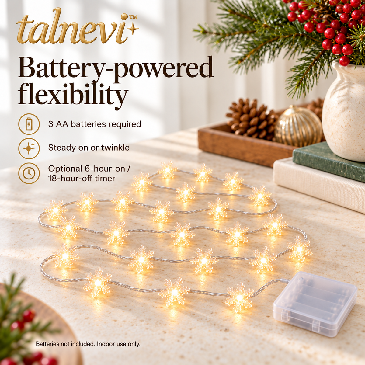 talnevi™ Snowflake LED Christmas String Lights, 16.4 ft, 40 Lights, Battery Operated Indoor Window & Mantel Decor