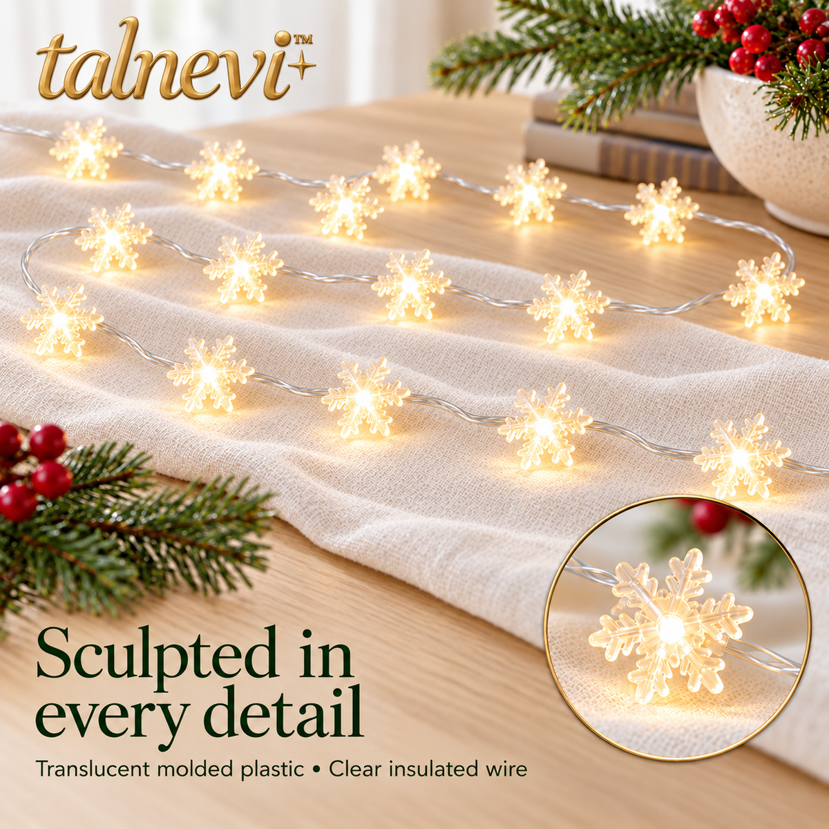 talnevi™ Snowflake LED Christmas String Lights, 16.4 ft, 40 Lights, Battery Operated Indoor Window & Mantel Decor