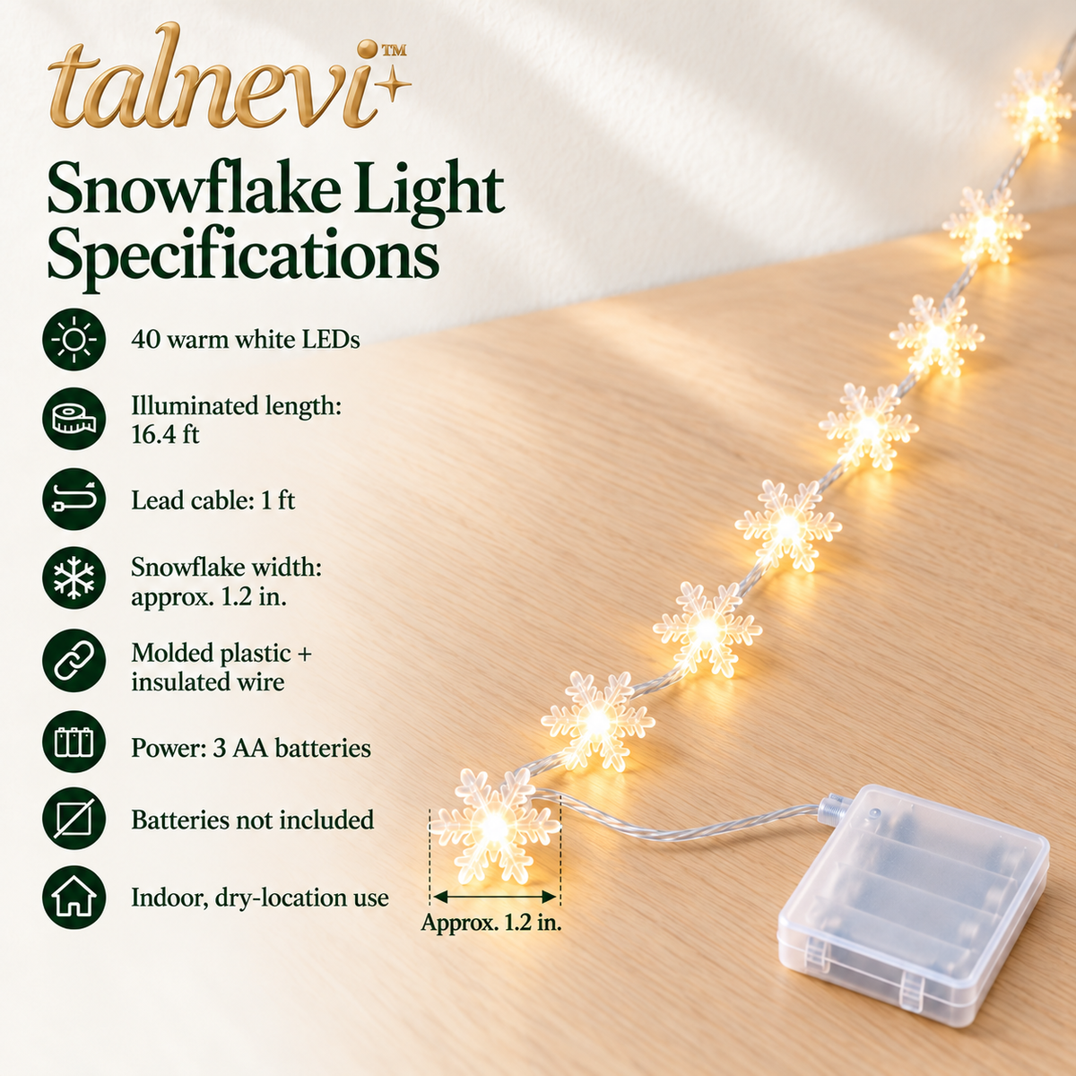 talnevi™ Snowflake LED Christmas String Lights, 16.4 ft, 40 Lights, Battery Operated Indoor Window & Mantel Decor