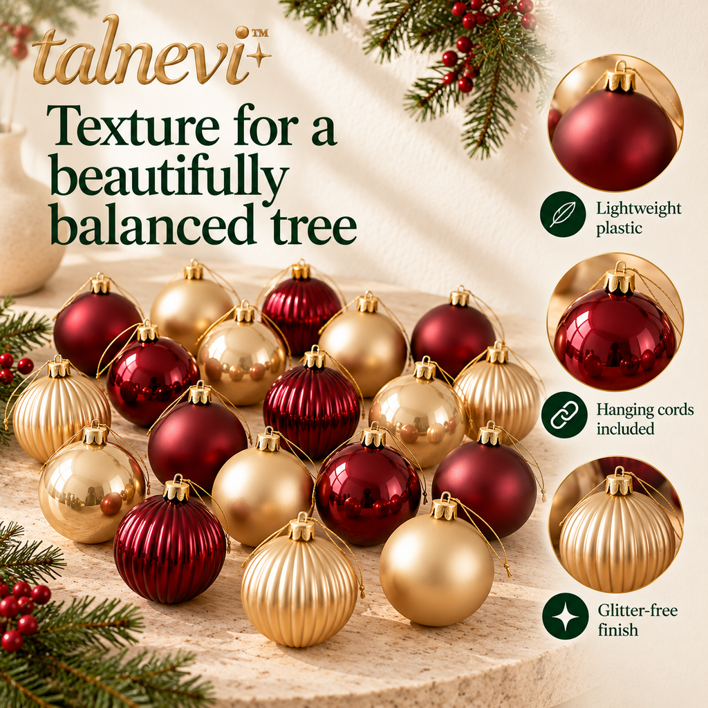 talnevi™ Christmas Ball Ornaments, 24 Count, 2.4 Inch Plastic Baubles, Matte, Glossy & Ribbed Holiday Tree Decorations