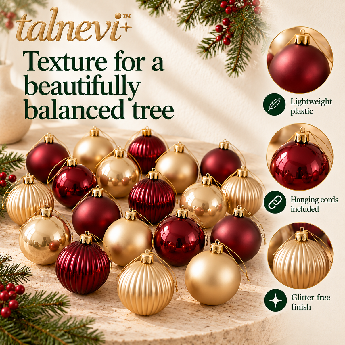 talnevi™ Christmas Ball Ornaments, 24 Count, 2.4 Inch Plastic Baubles, Matte, Glossy & Ribbed Holiday Tree Decorations