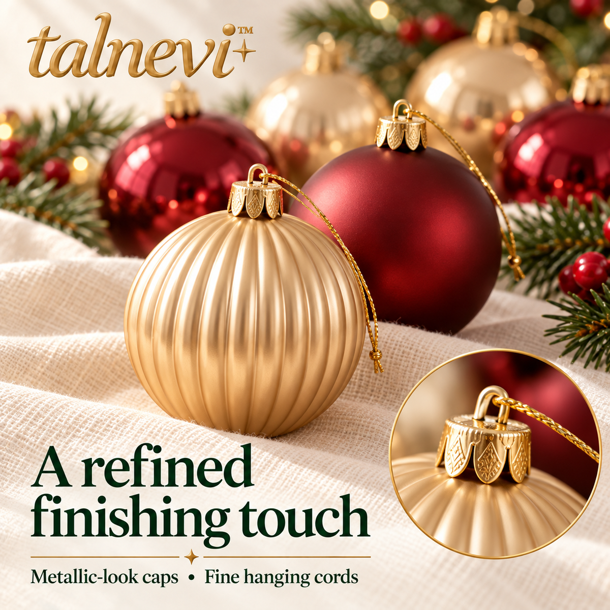 talnevi™ Christmas Ball Ornaments, 24 Count, 2.4 Inch Plastic Baubles, Matte, Glossy & Ribbed Holiday Tree Decorations