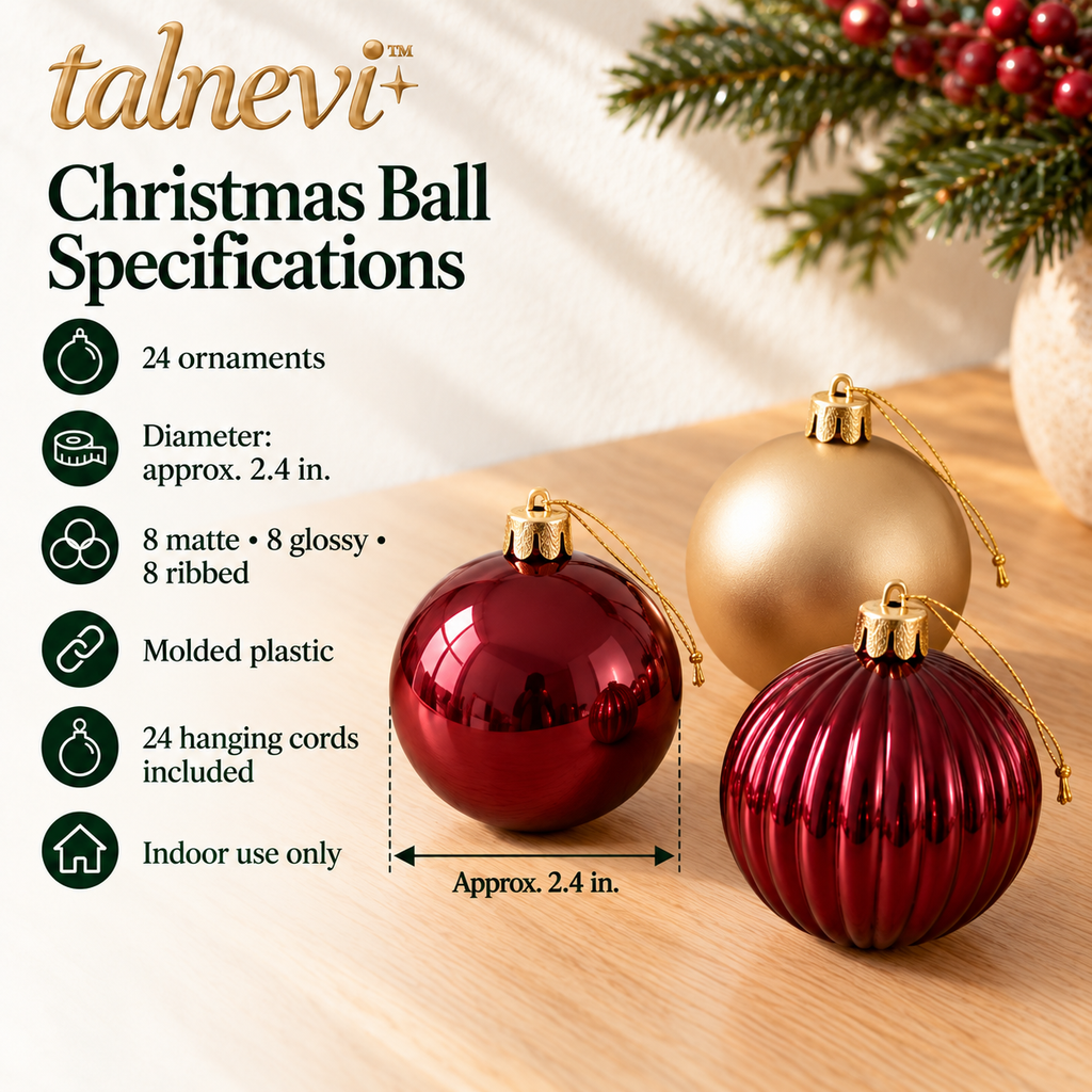 talnevi™ Christmas Ball Ornaments, 24 Count, 2.4 Inch Plastic Baubles, Matte, Glossy & Ribbed Holiday Tree Decorations