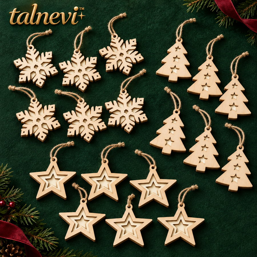 talnevi™ Wooden Christmas Ornaments, 18 Piece Set, Layered Snowflakes, Trees & Stars, Rustic Holiday Hanging Decorations