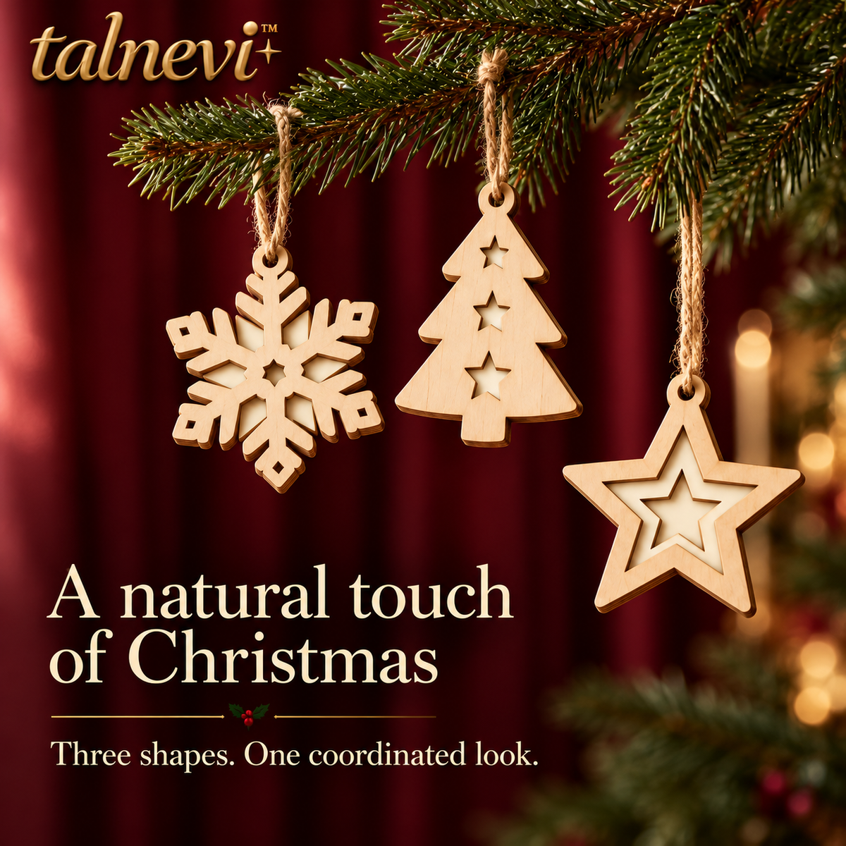 talnevi™ Wooden Christmas Ornaments, 18 Piece Set, Layered Snowflakes, Trees & Stars, Rustic Holiday Hanging Decorations