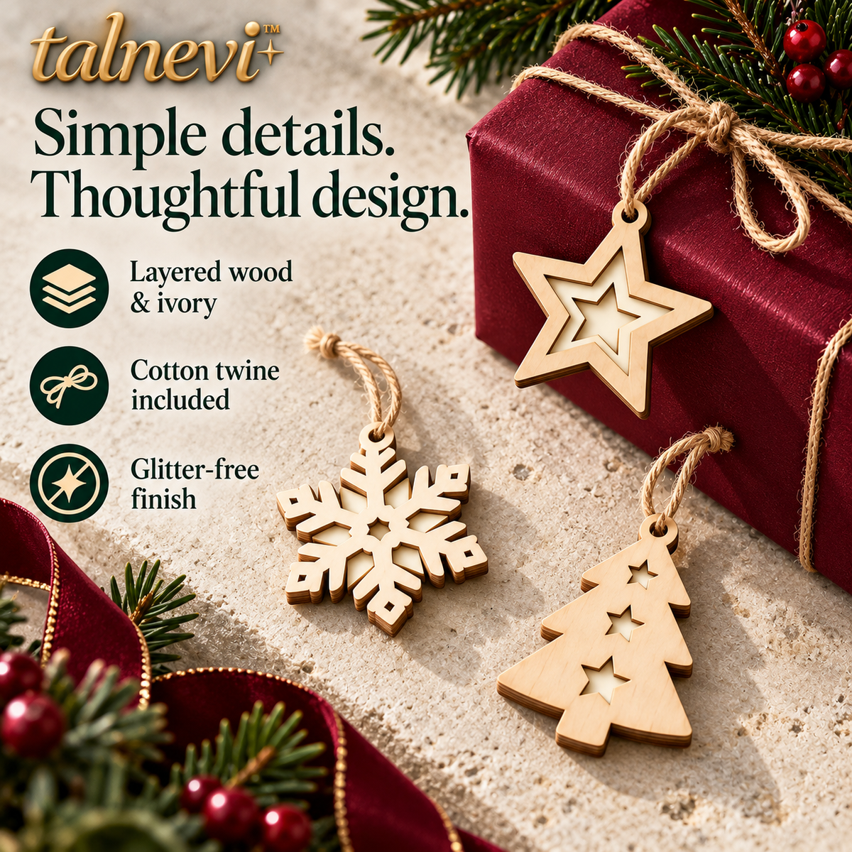talnevi™ Wooden Christmas Ornaments, 18 Piece Set, Layered Snowflakes, Trees & Stars, Rustic Holiday Hanging Decorations