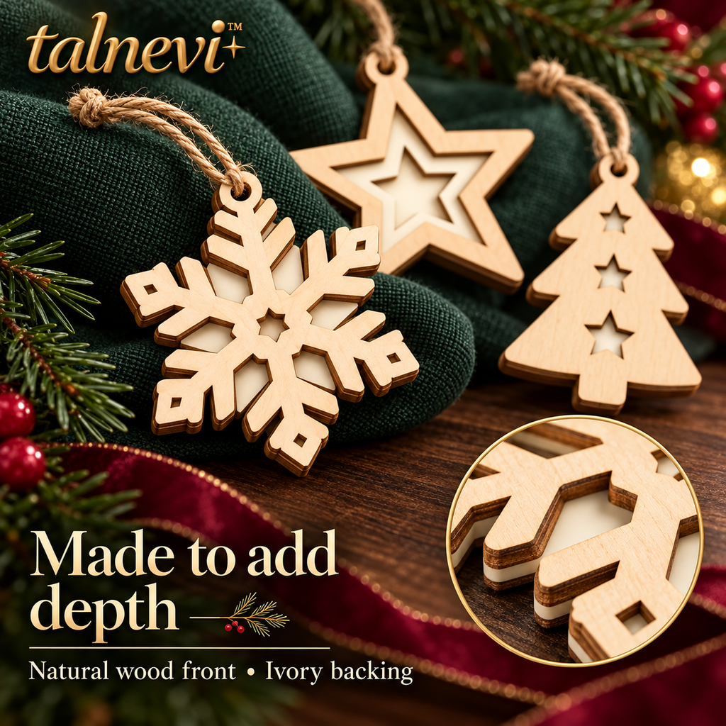 talnevi™ Wooden Christmas Ornaments, 18 Piece Set, Layered Snowflakes, Trees & Stars, Rustic Holiday Hanging Decorations