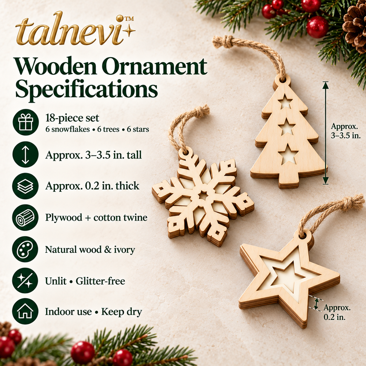 talnevi™ Wooden Christmas Ornaments, 18 Piece Set, Layered Snowflakes, Trees & Stars, Rustic Holiday Hanging Decorations