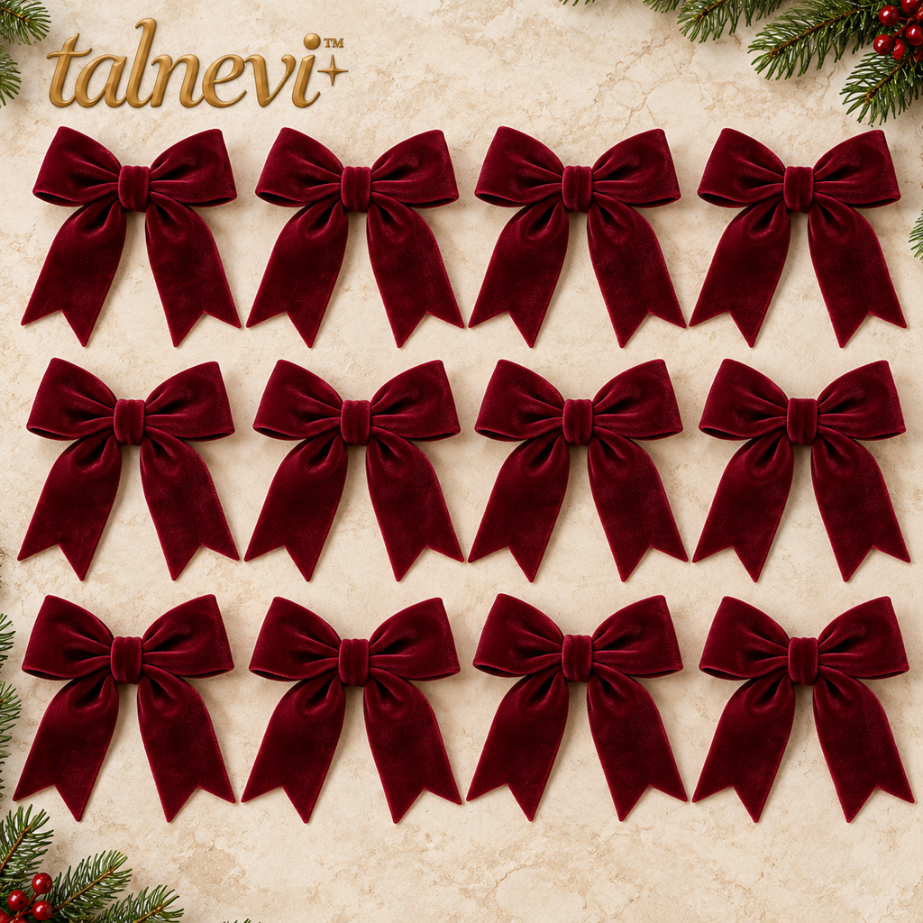 talnevi™ Velvet Christmas Tree Bows, Set of 12, 5 Inch Ribbon Ornaments with Long Tails, Holiday Wreath & Garland Accents