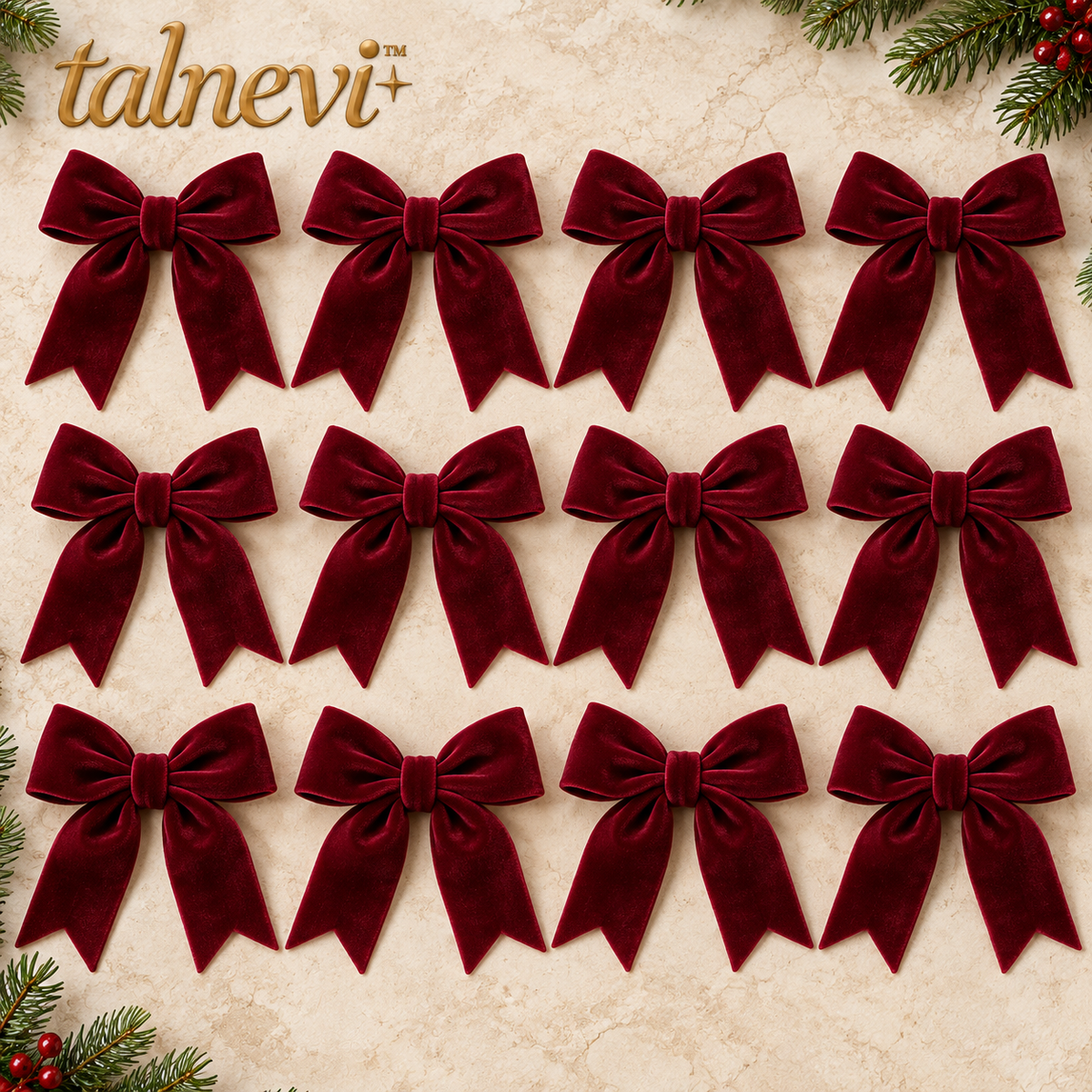 talnevi™ Velvet Christmas Tree Bows, Set of 12, 5 Inch Ribbon Ornaments with Long Tails, Holiday Wreath & Garland Accents
