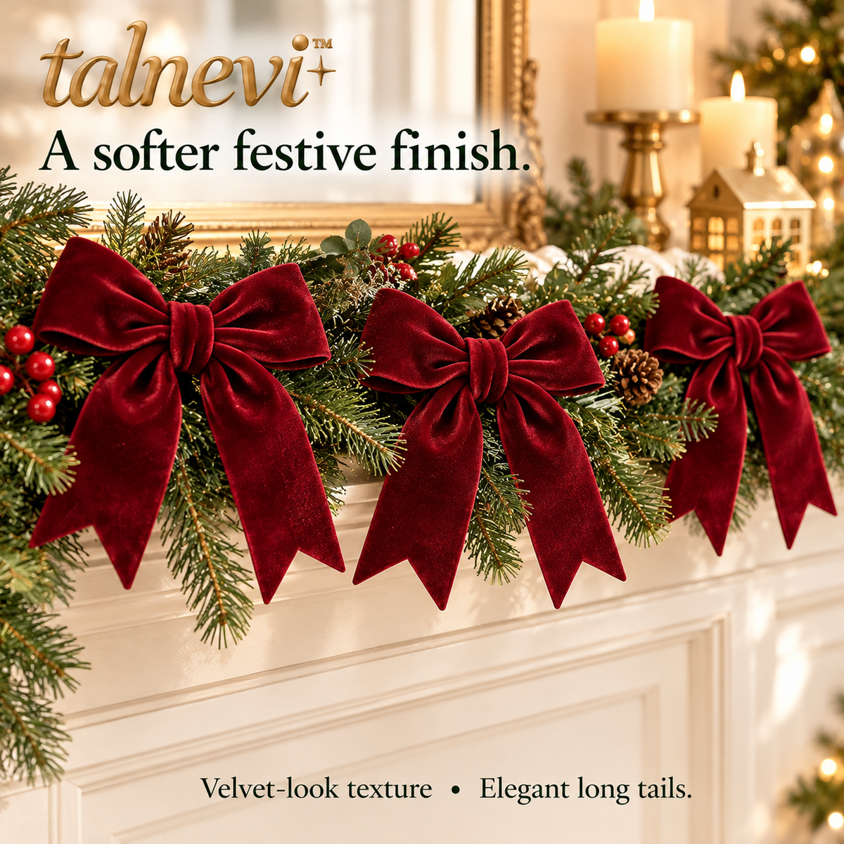 talnevi™ Velvet Christmas Tree Bows, Set of 12, 5 Inch Ribbon Ornaments with Long Tails, Holiday Wreath & Garland Accents