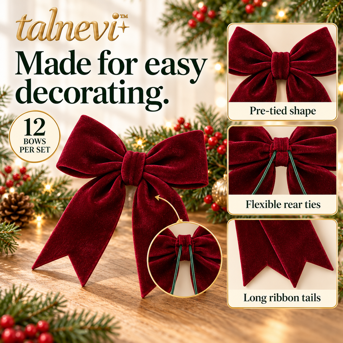 talnevi™ Velvet Christmas Tree Bows, Set of 12, 5 Inch Ribbon Ornaments with Long Tails, Holiday Wreath & Garland Accents