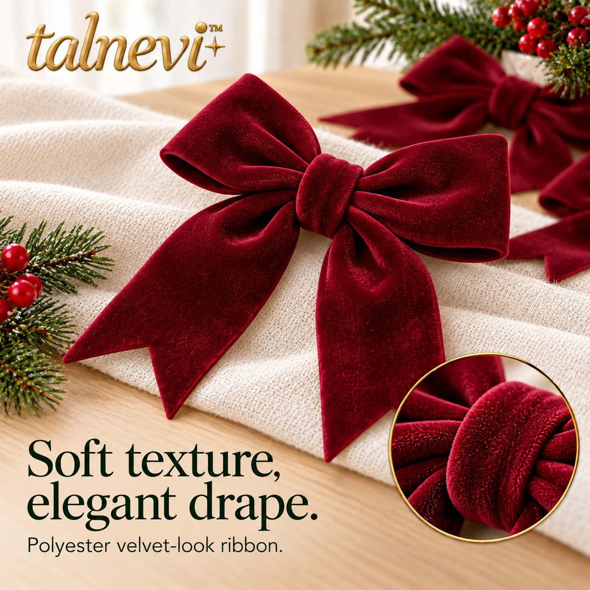talnevi™ Velvet Christmas Tree Bows, Set of 12, 5 Inch Ribbon Ornaments with Long Tails, Holiday Wreath & Garland Accents