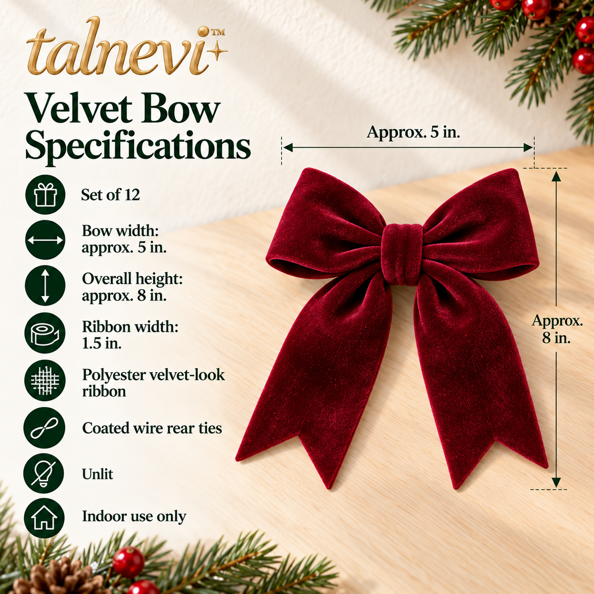 talnevi™ Velvet Christmas Tree Bows, Set of 12, 5 Inch Ribbon Ornaments with Long Tails, Holiday Wreath & Garland Accents