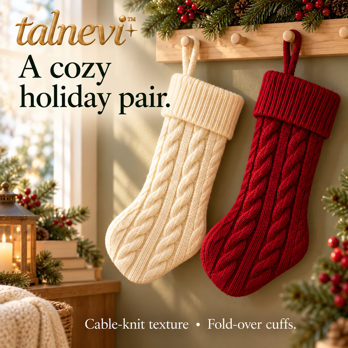 talnevi™ Cable Knit Christmas Stockings, Set of 2, 18 Inch Hanging Holiday Stockings with Fold-Over Cuffs
