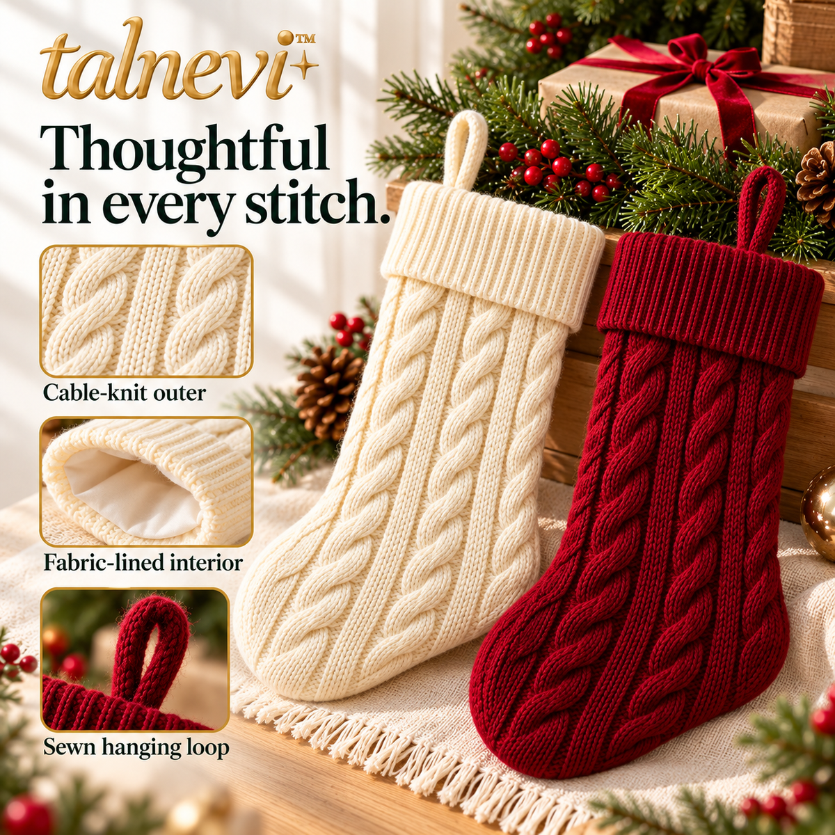 talnevi™ Cable Knit Christmas Stockings, Set of 2, 18 Inch Hanging Holiday Stockings with Fold-Over Cuffs