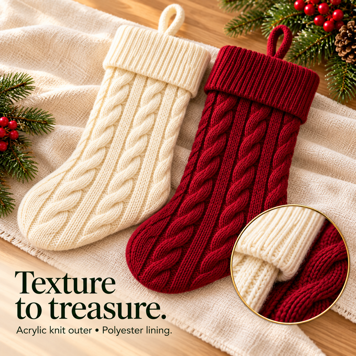 talnevi™ Cable Knit Christmas Stockings, Set of 2, 18 Inch Hanging Holiday Stockings with Fold-Over Cuffs