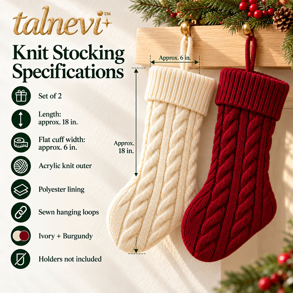 talnevi™ Cable Knit Christmas Stockings, Set of 2, 18 Inch Hanging Holiday Stockings with Fold-Over Cuffs