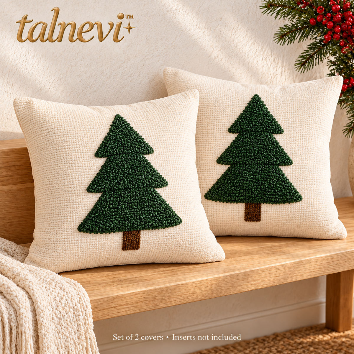 talnevi™ Christmas Throw Pillow Covers, Set of 2, 18 x 18 Inch, Textured Tree Appliqué & Hidden Zipper Holiday Cushion Covers