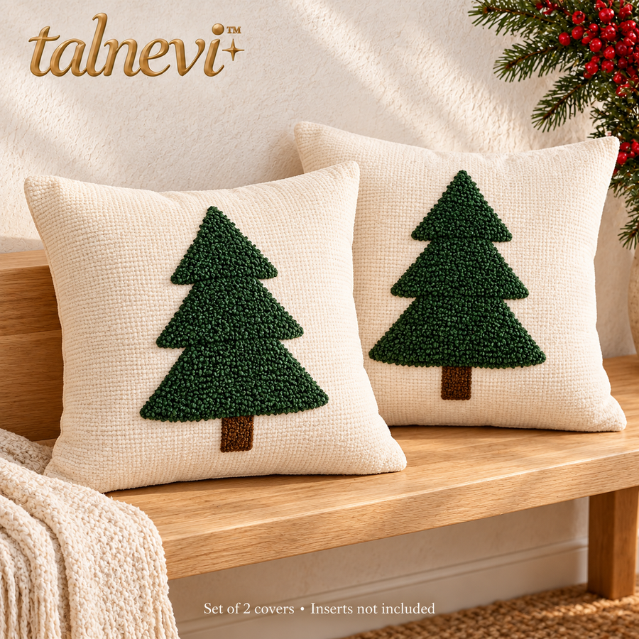 talnevi™ Christmas Throw Pillow Covers, Set of 2, 18 x 18 Inch, Textured Tree Appliqué & Hidden Zipper Holiday Cushion Covers