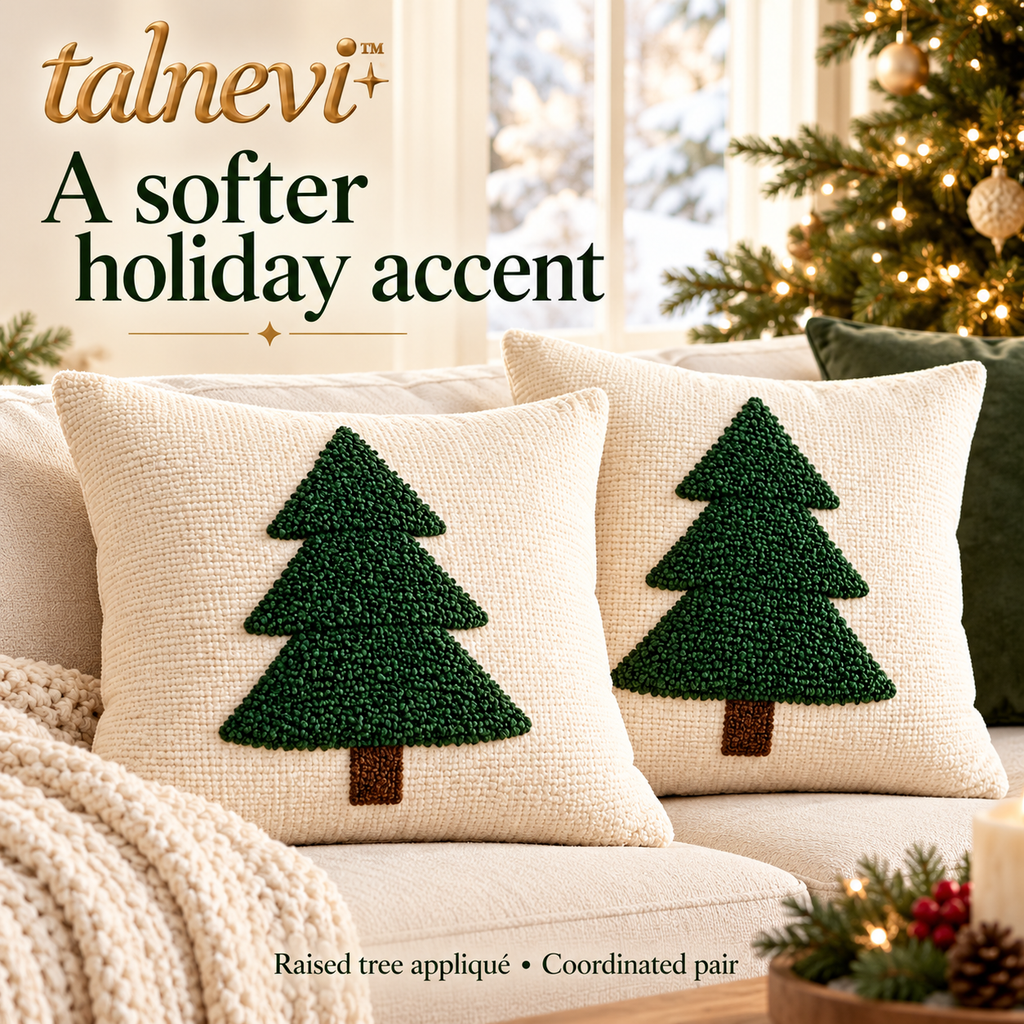 talnevi™ Christmas Throw Pillow Covers, Set of 2, 18 x 18 Inch, Textured Tree Appliqué & Hidden Zipper Holiday Cushion Covers