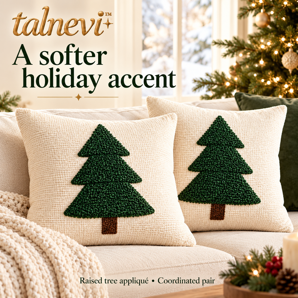 talnevi™ Christmas Throw Pillow Covers, Set of 2, 18 x 18 Inch, Textured Tree Appliqué & Hidden Zipper Holiday Cushion Covers