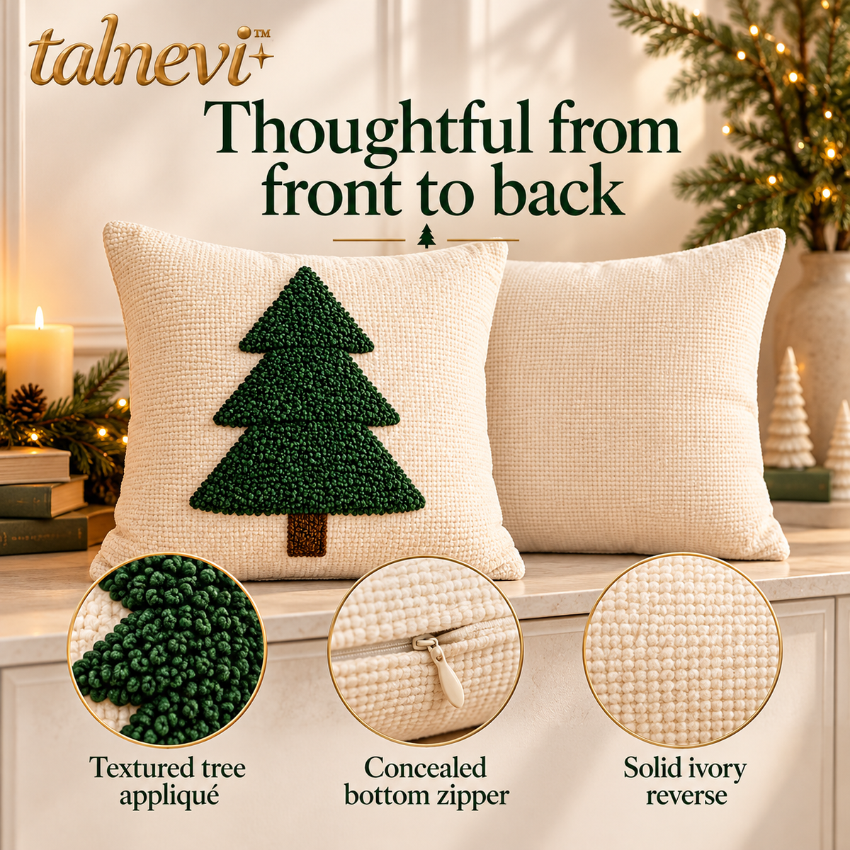talnevi™ Christmas Throw Pillow Covers, Set of 2, 18 x 18 Inch, Textured Tree Appliqué & Hidden Zipper Holiday Cushion Covers