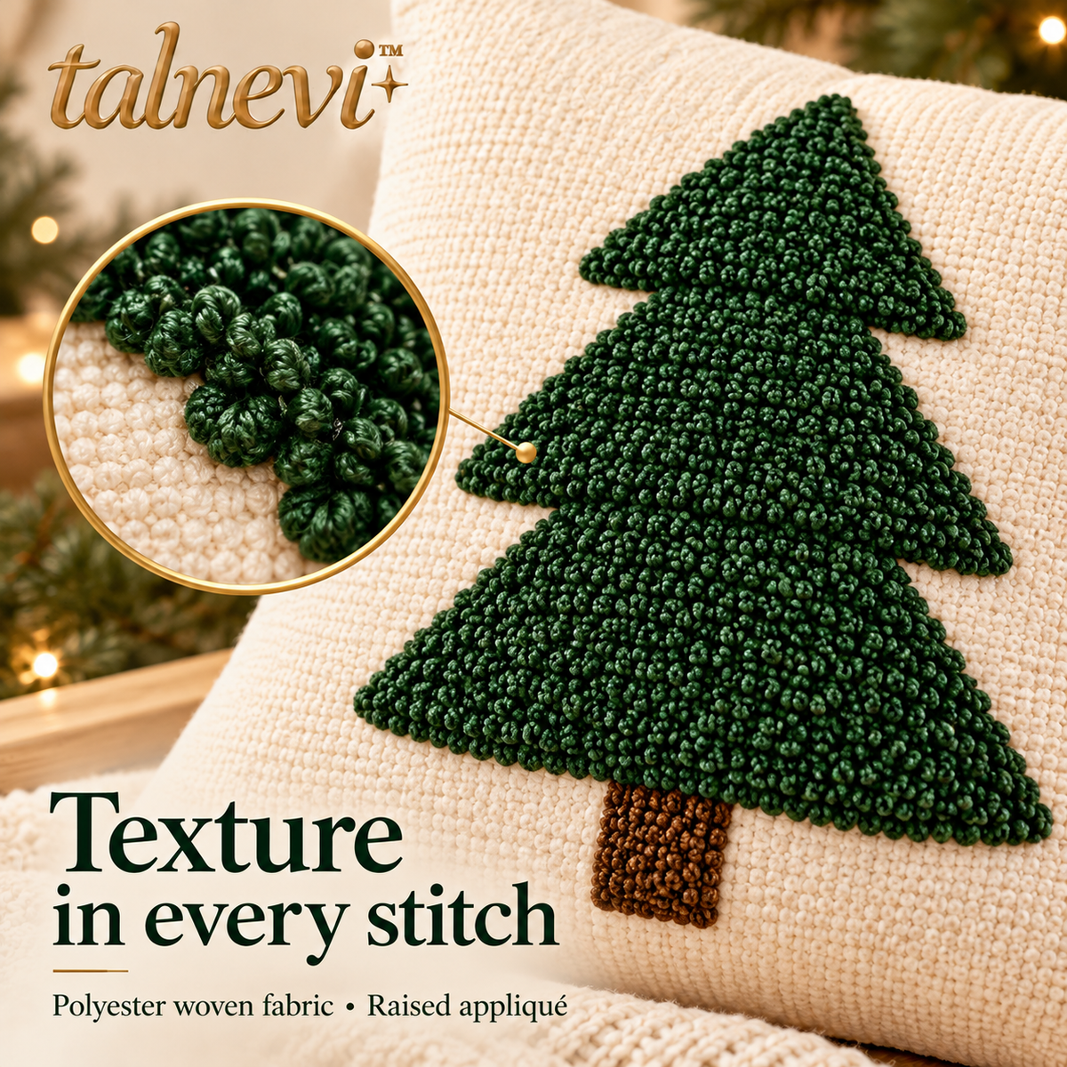 talnevi™ Christmas Throw Pillow Covers, Set of 2, 18 x 18 Inch, Textured Tree Appliqué & Hidden Zipper Holiday Cushion Covers