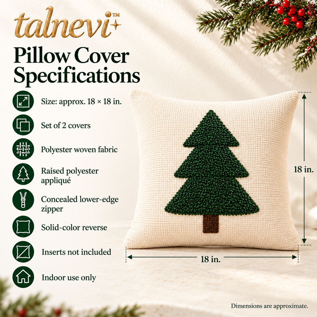 talnevi™ Christmas Throw Pillow Covers, Set of 2, 18 x 18 Inch, Textured Tree Appliqué & Hidden Zipper Holiday Cushion Covers