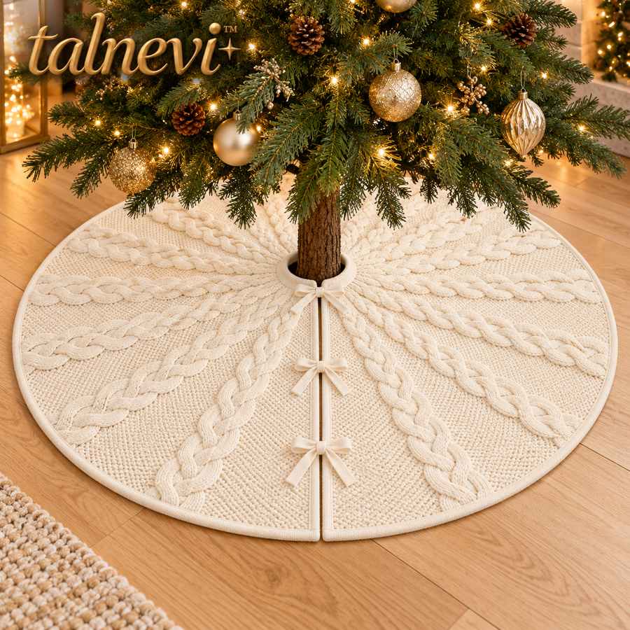 talnevi™ Cable Knit Christmas Tree Skirt, 48 Inch, Round Holiday Tree Base Cover with Tie Closures