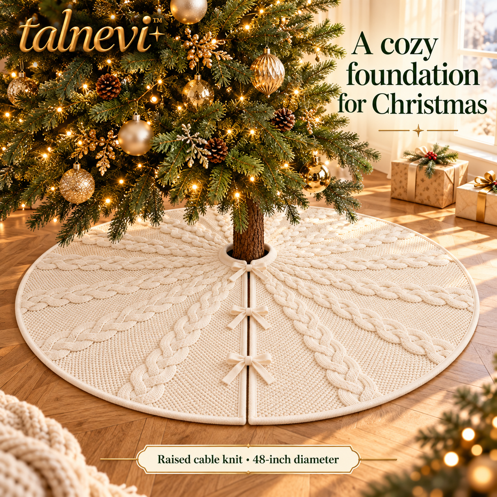 talnevi™ Cable Knit Christmas Tree Skirt, 48 Inch, Round Holiday Tree Base Cover with Tie Closures