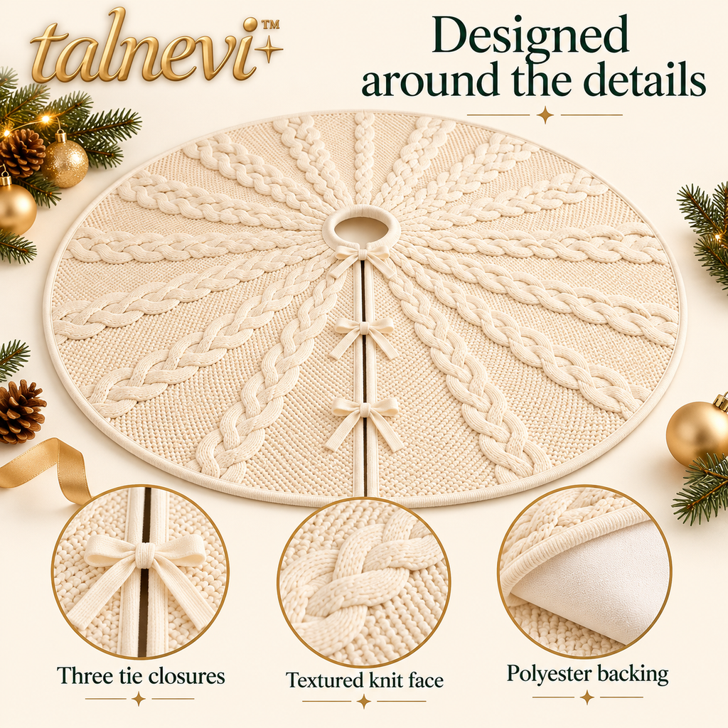 talnevi™ Cable Knit Christmas Tree Skirt, 48 Inch, Round Holiday Tree Base Cover with Tie Closures