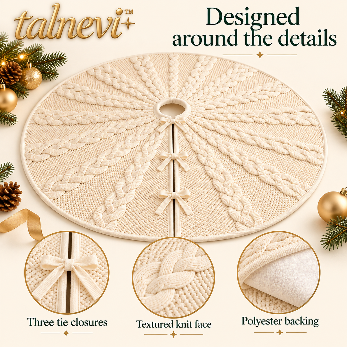 talnevi™ Cable Knit Christmas Tree Skirt, 48 Inch, Round Holiday Tree Base Cover with Tie Closures
