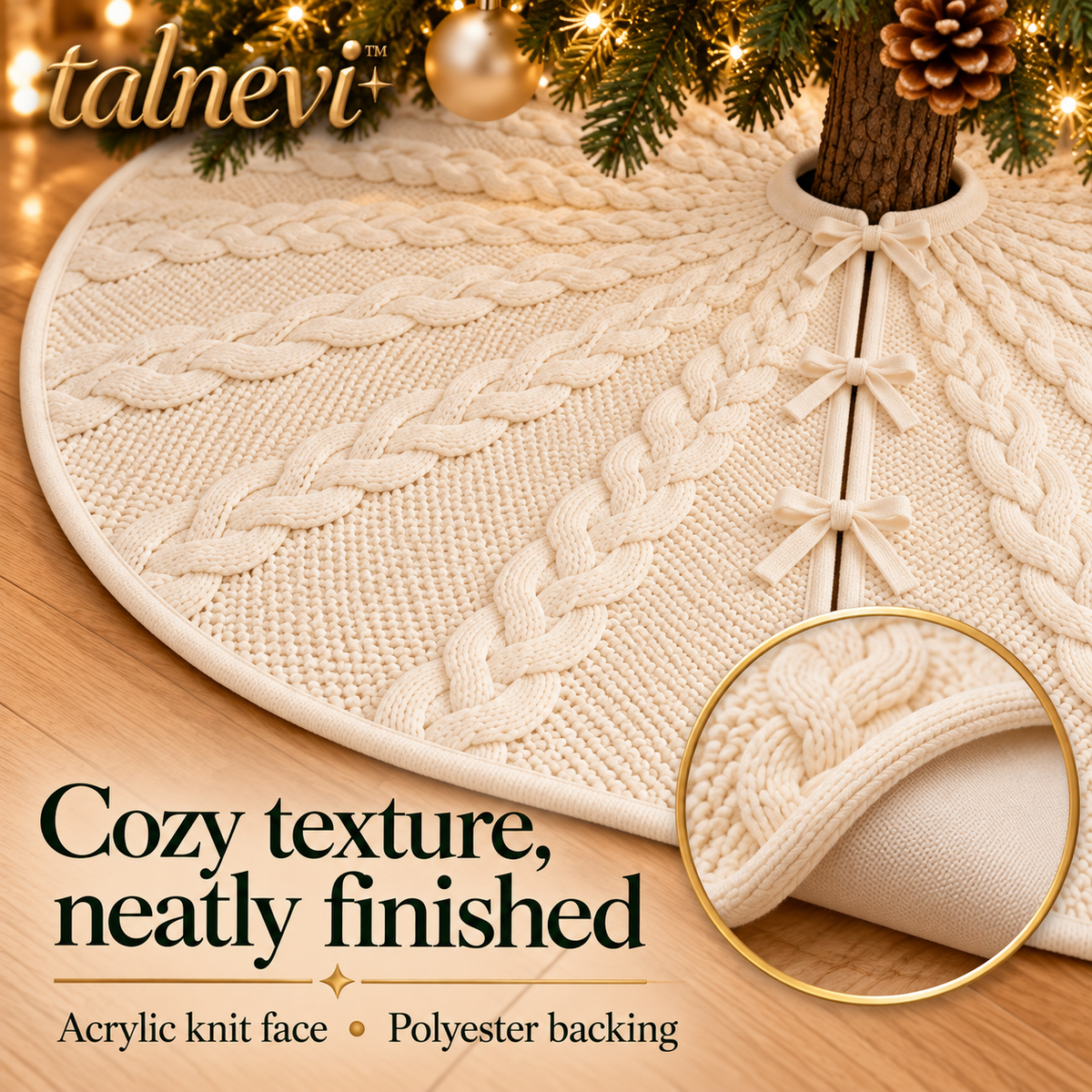 talnevi™ Cable Knit Christmas Tree Skirt, 48 Inch, Round Holiday Tree Base Cover with Tie Closures