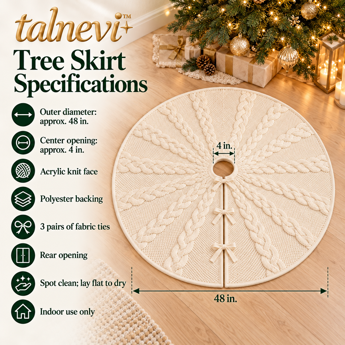 talnevi™ Cable Knit Christmas Tree Skirt, 48 Inch, Round Holiday Tree Base Cover with Tie Closures