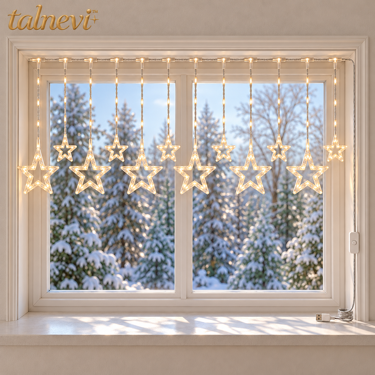talnevi™ Star Curtain Christmas Lights, 6.6 ft Wide, 12 Hanging Stars, USB Powered LED Indoor Window Backdrop