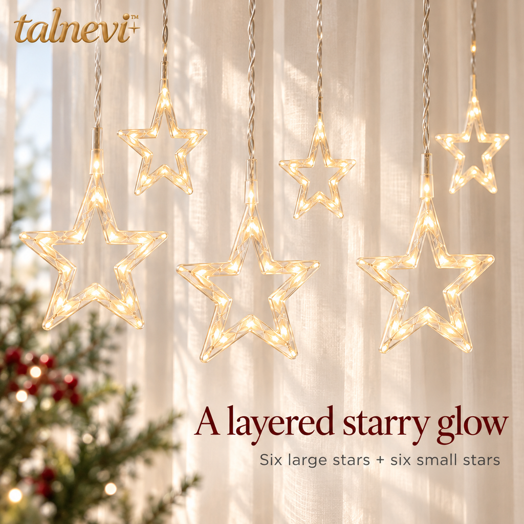talnevi™ Star Curtain Christmas Lights, 6.6 ft Wide, 12 Hanging Stars, USB Powered LED Indoor Window Backdrop