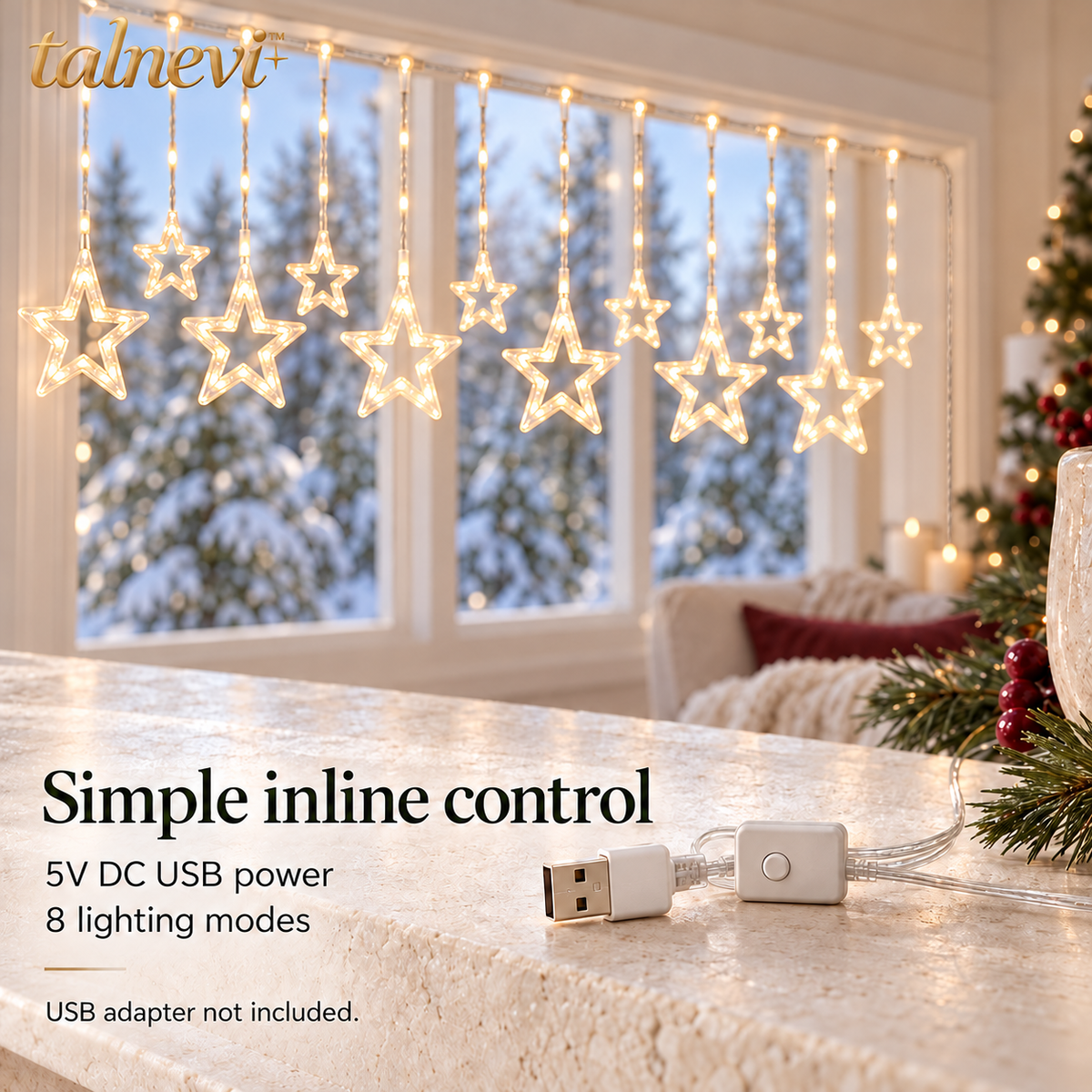 talnevi™ Star Curtain Christmas Lights, 6.6 ft Wide, 12 Hanging Stars, USB Powered LED Indoor Window Backdrop