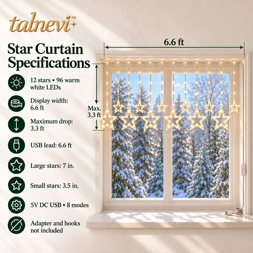 talnevi™ Star Curtain Christmas Lights, 6.6 ft Wide, 12 Hanging Stars, USB Powered LED Indoor Window Backdrop