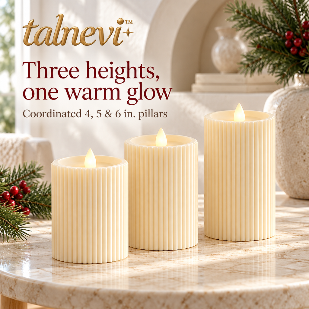talnevi™ Ribbed Flameless LED Pillar Candles, Set of 3, Battery Operated Flickering Christmas Table & Mantel Decor