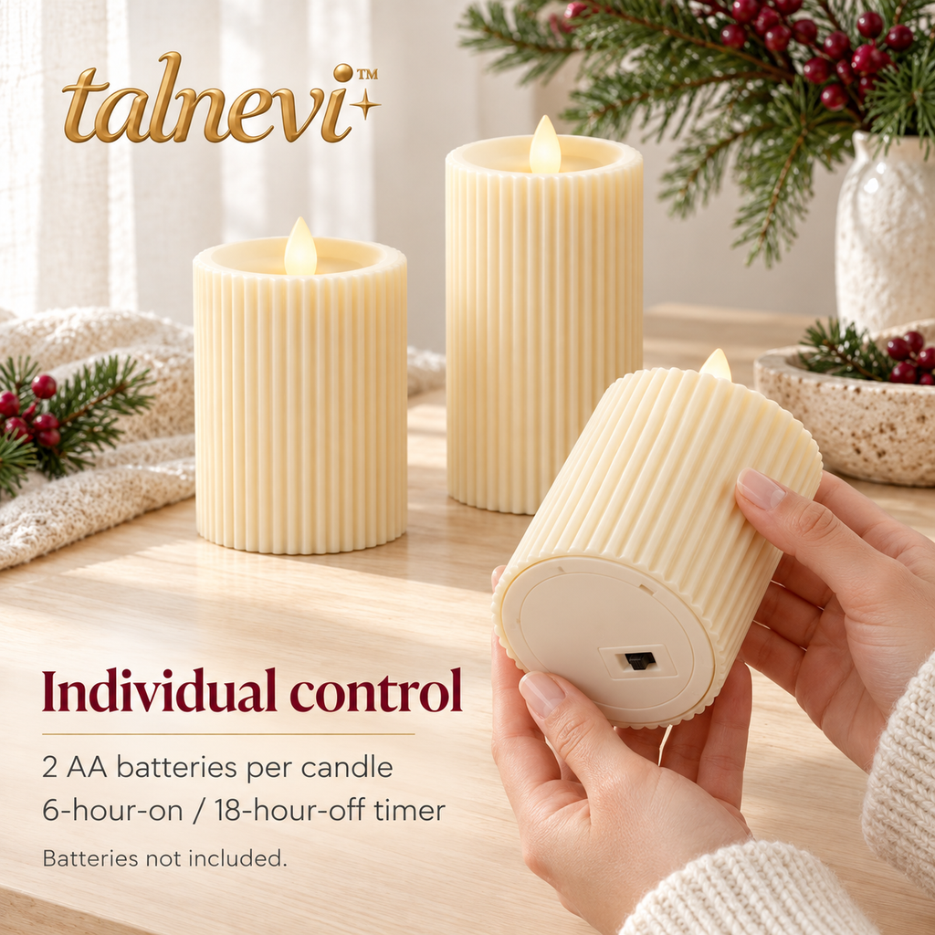 talnevi™ Ribbed Flameless LED Pillar Candles, Set of 3, Battery Operated Flickering Christmas Table & Mantel Decor