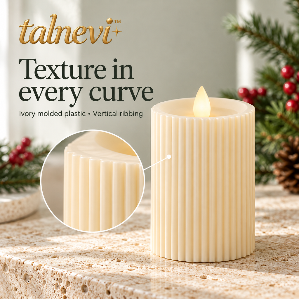 talnevi™ Ribbed Flameless LED Pillar Candles, Set of 3, Battery Operated Flickering Christmas Table & Mantel Decor