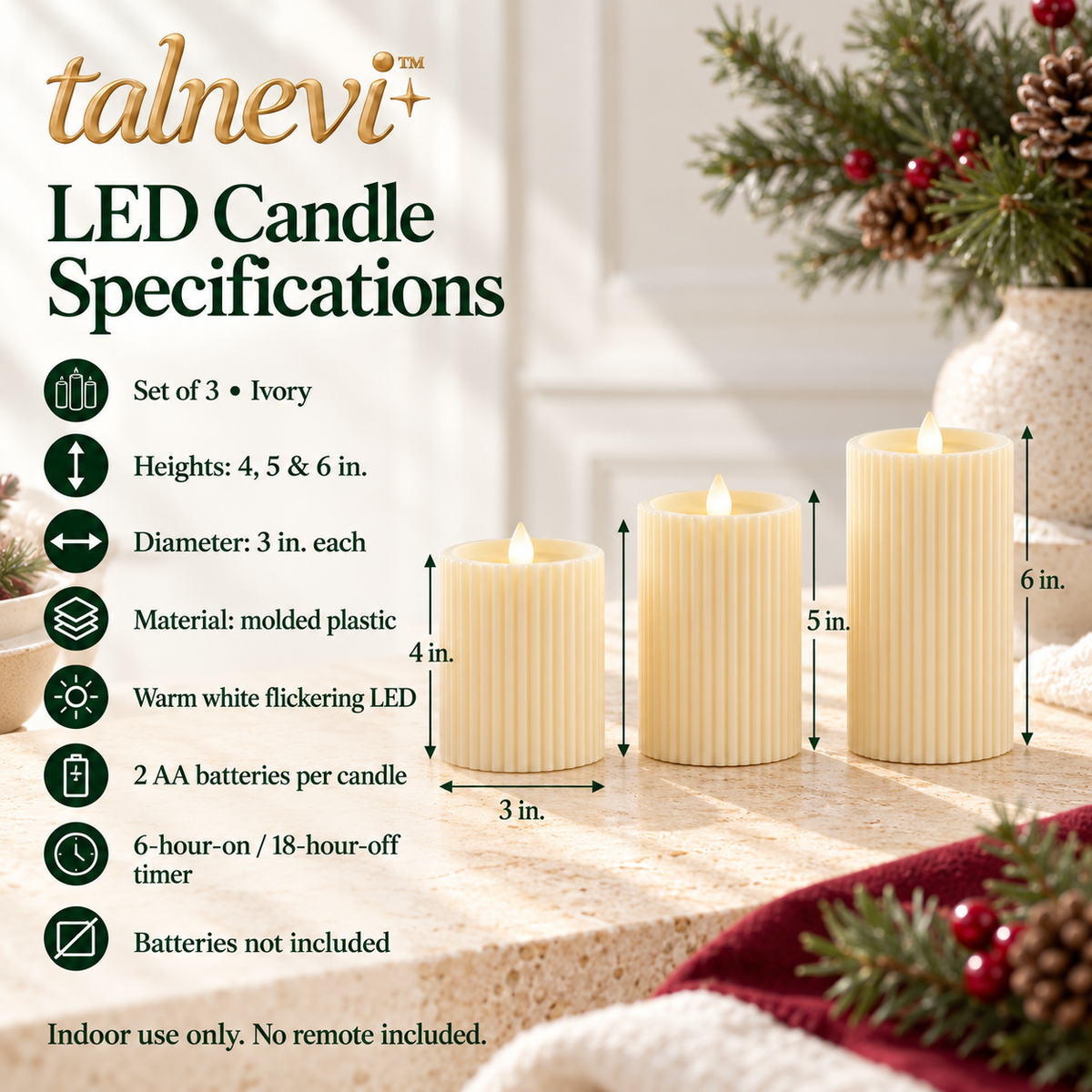 talnevi™ Ribbed Flameless LED Pillar Candles, Set of 3, Battery Operated Flickering Christmas Table & Mantel Decor