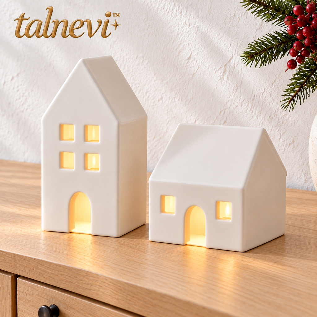 talnevi™ Ceramic Christmas Village Houses, Set of 2, Battery Operated LED Light-Up Tabletop Holiday Decor
