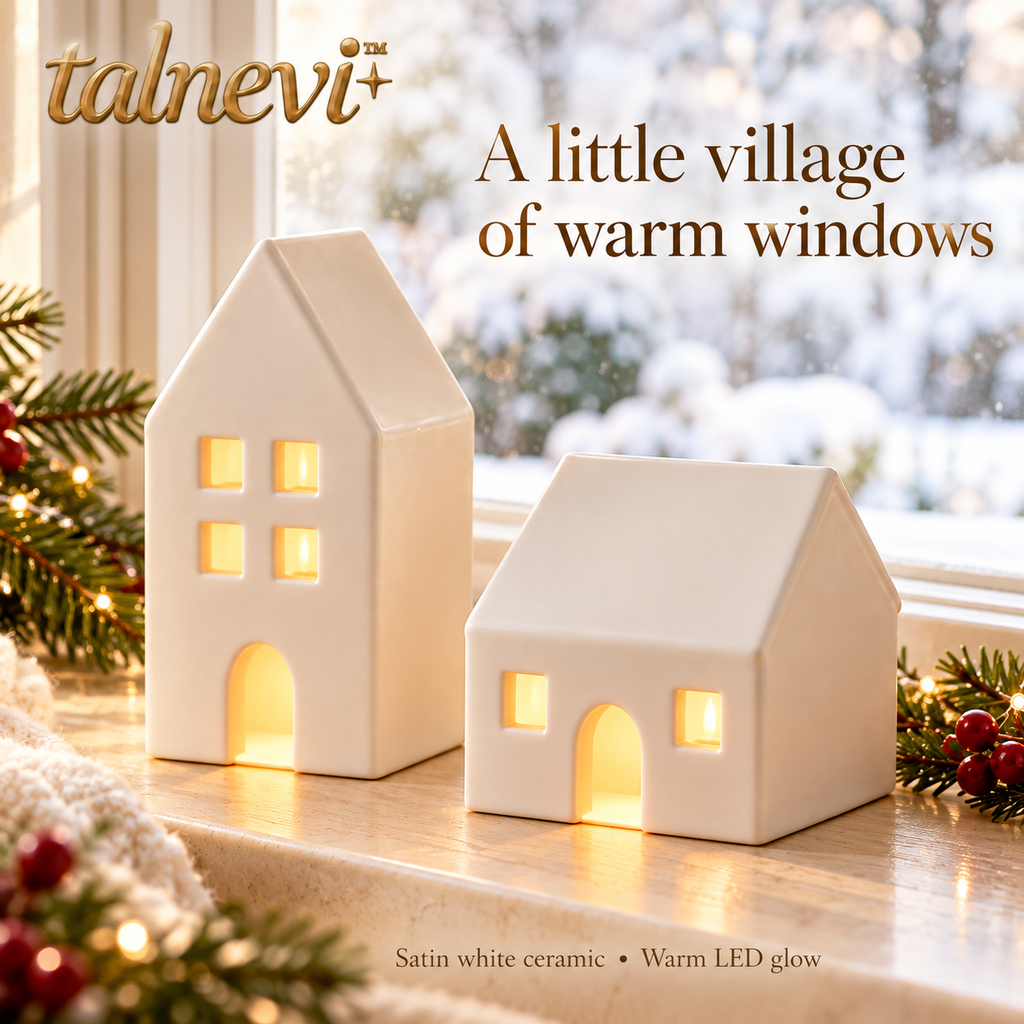 talnevi™ Ceramic Christmas Village Houses, Set of 2, Battery Operated LED Light-Up Tabletop Holiday Decor