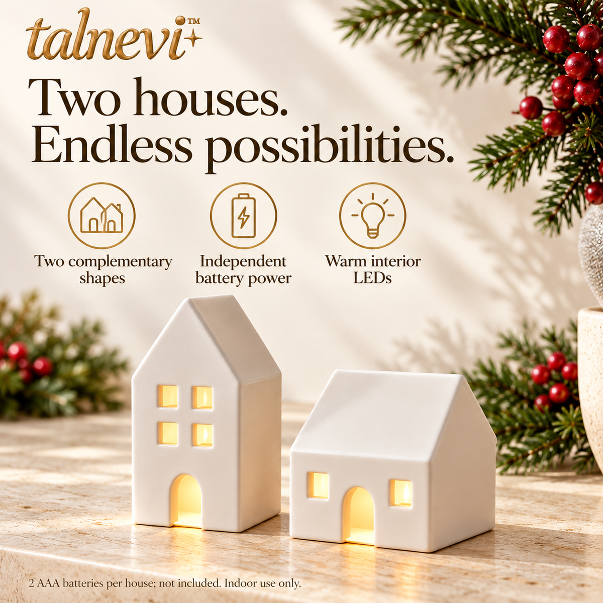 talnevi™ Ceramic Christmas Village Houses, Set of 2, Battery Operated LED Light-Up Tabletop Holiday Decor